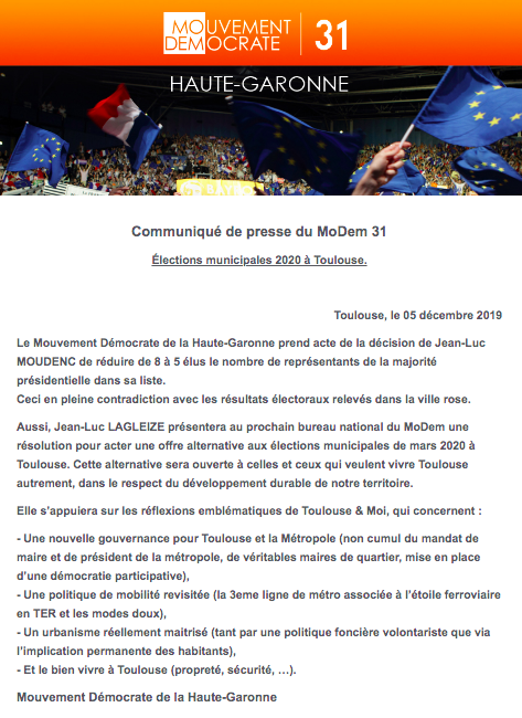 Communiqué du MoDem 31 : Municipales à Toulouse